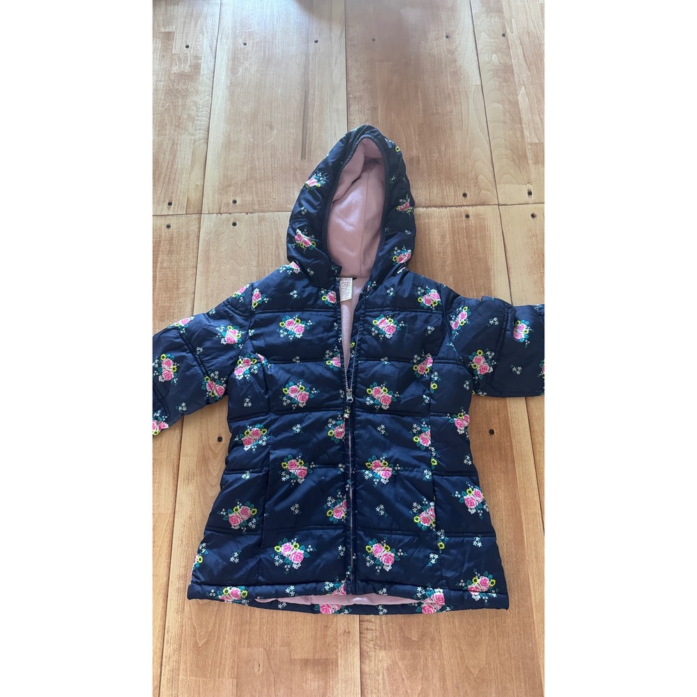 Faded Glory Girls Navy Blue Floral Puffer Jacket Fleece Lined Hooded Size M 7-8